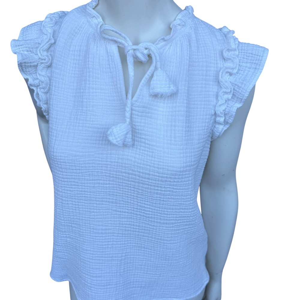 Chaps Gauze Blouse Ruffle Sleeveless Tassel Tie Coastalgrandmother Resortwear‎ S